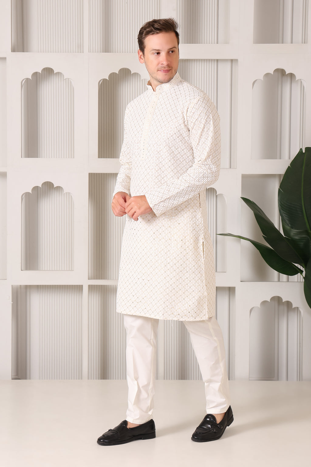 Men's Ivory Sequin & Thread Work Kurta with White Pajama