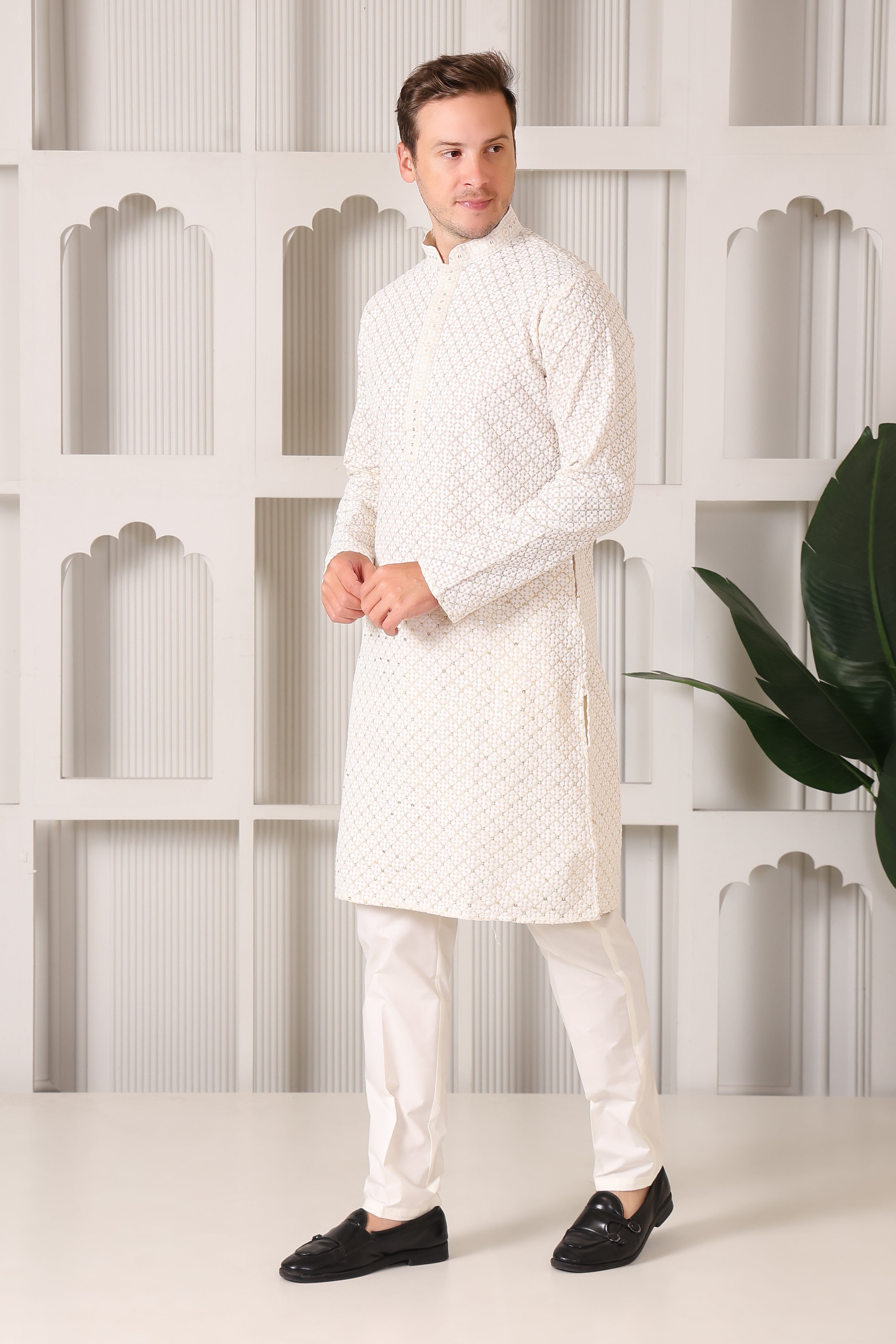 Men's Ivory Sequin & Thread Work Kurta with White Pajama