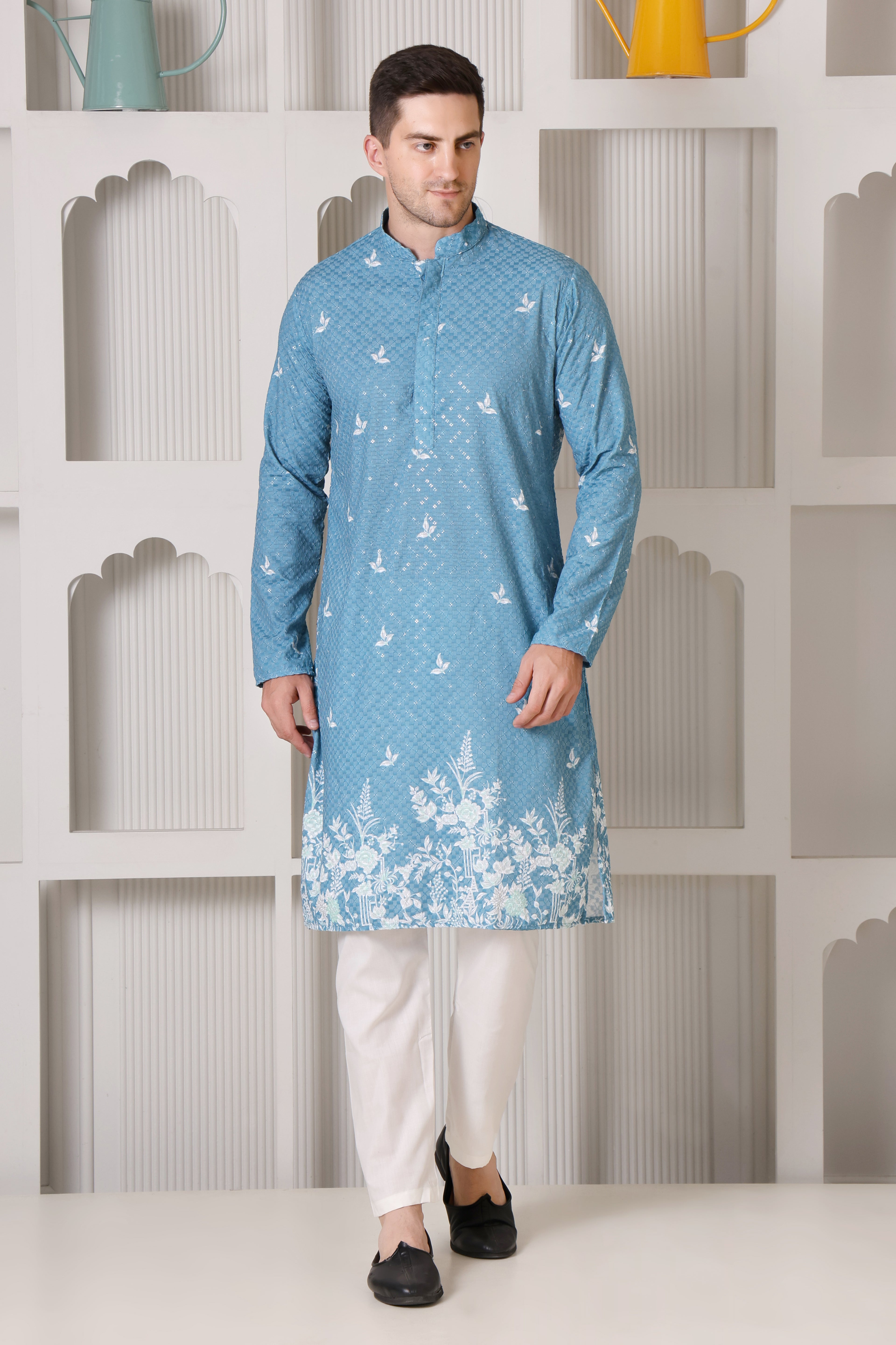 Blue Men’s Cotton Printed Kurta Set with Scenic Border Detail Design