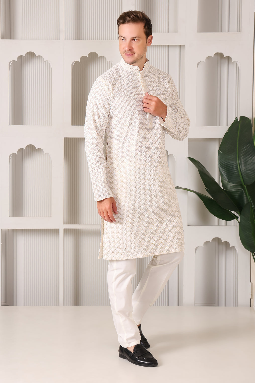 Men's Ivory Sequin & Thread Work Kurta with White Pajama