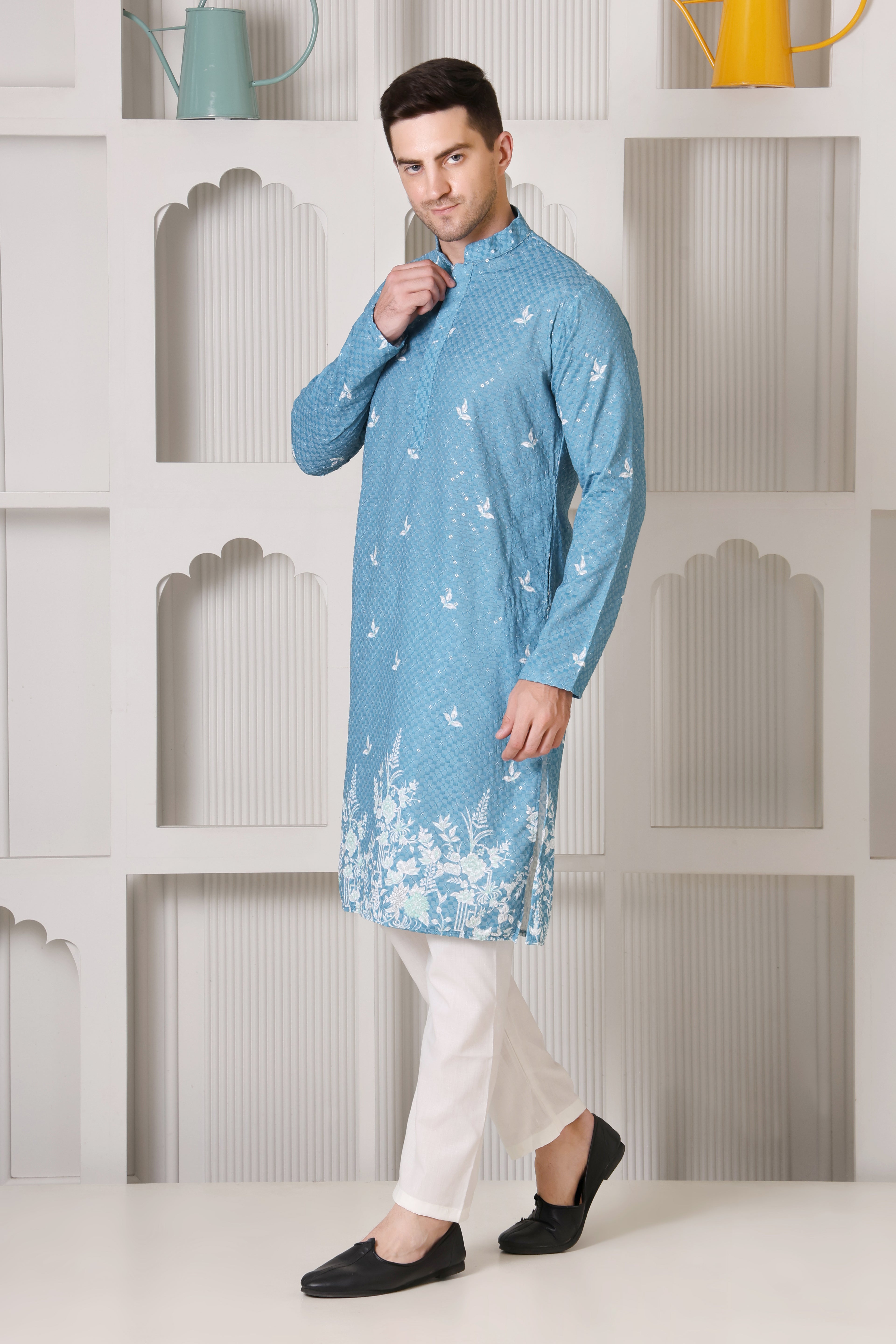Blue Men’s Cotton Printed Kurta Set with Scenic Border Detail Design