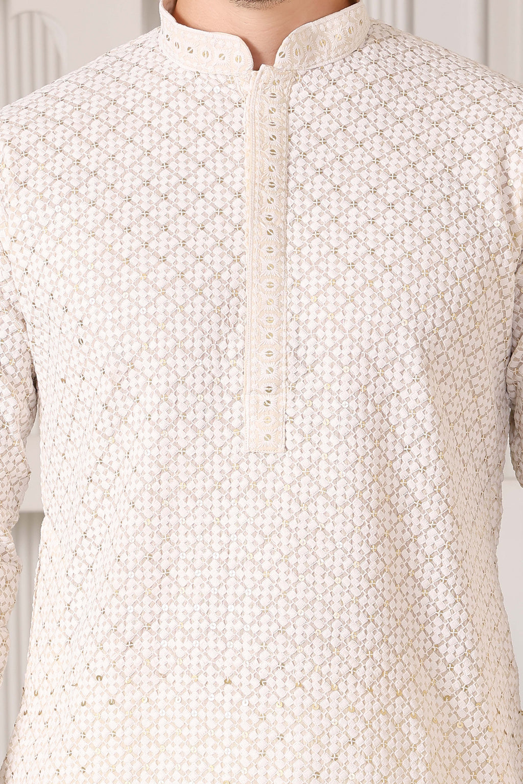 Men's Ivory Sequin & Thread Work Kurta with White Pajama