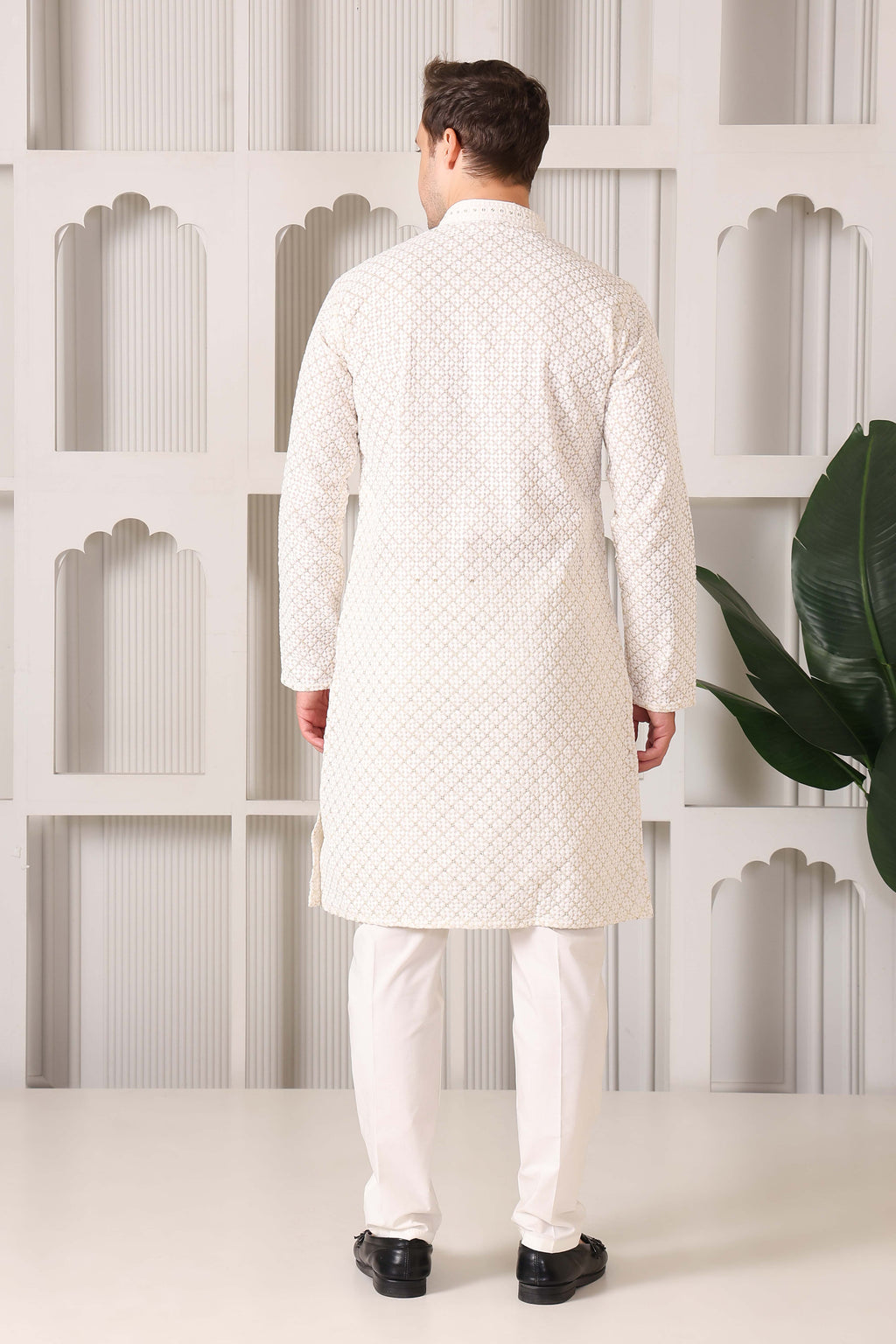 Men's Ivory Sequin & Thread Work Kurta with White Pajama