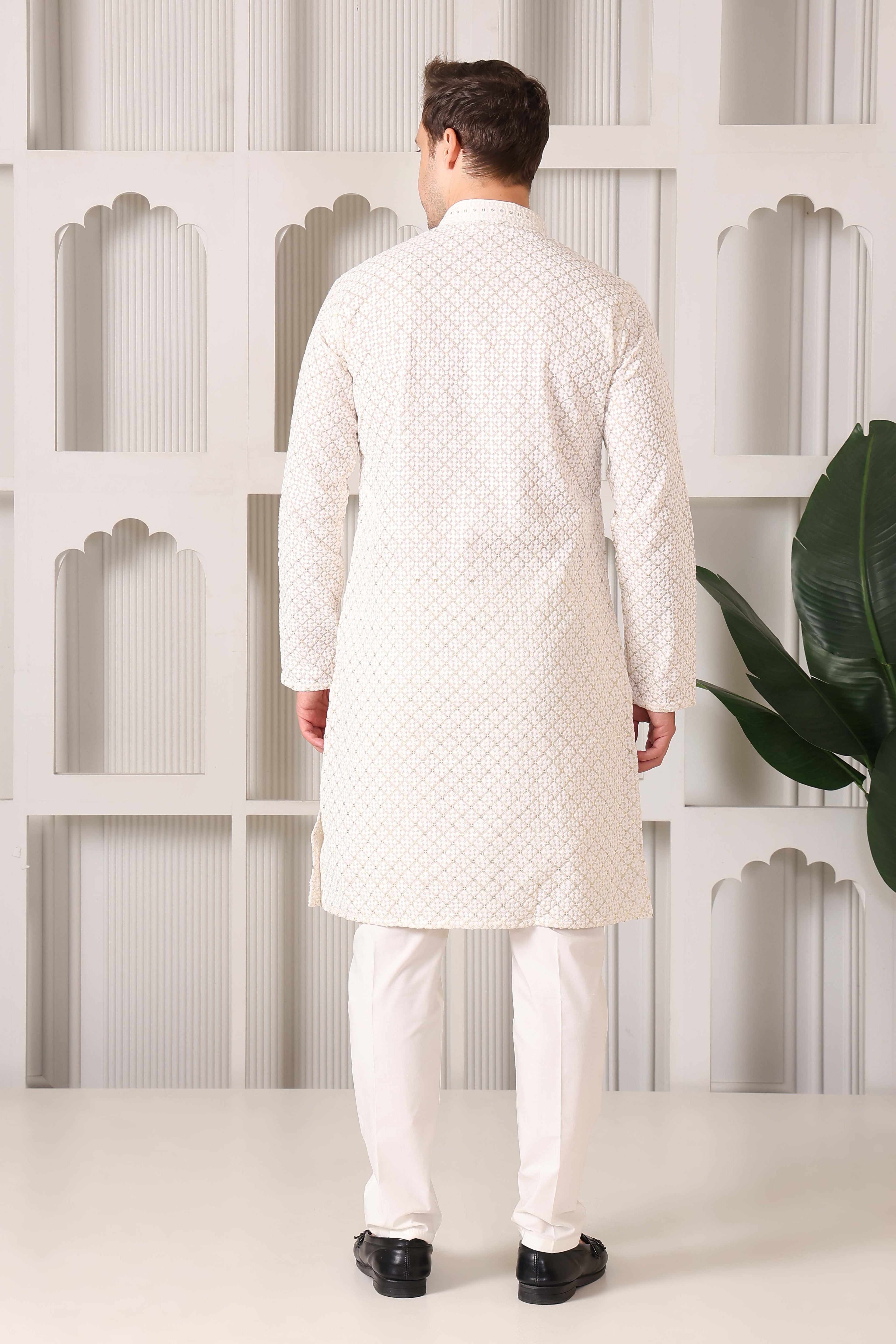 Men's Ivory Sequin & Thread Work Kurta with White Pajama