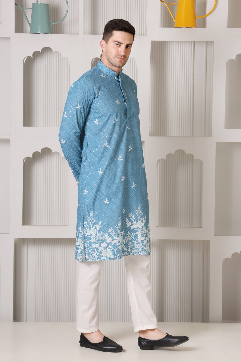 Blue Men’s Cotton Printed Kurta Set with Scenic Border Detail Design