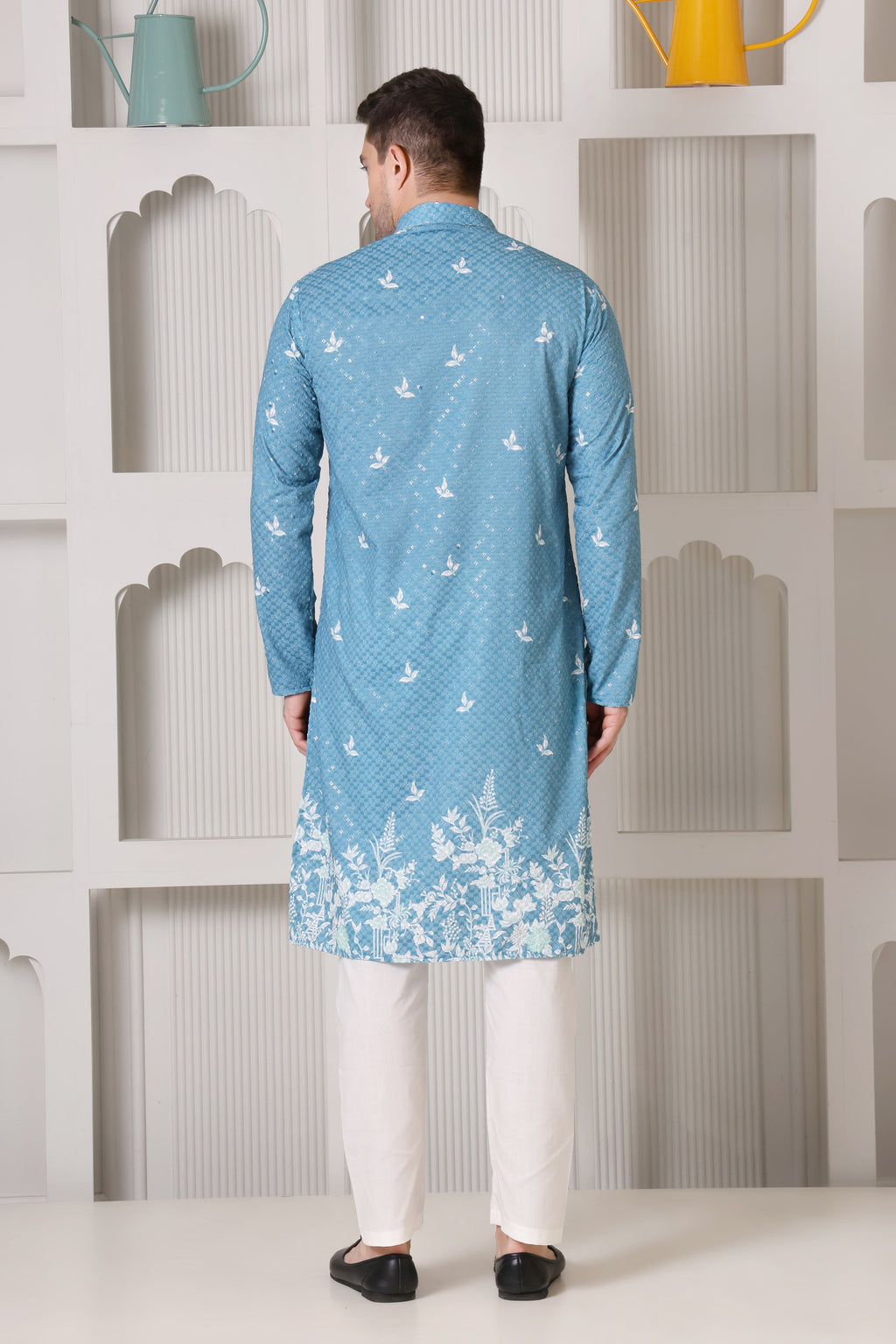 Blue Men’s Cotton Printed Kurta Set with Scenic Border Detail Design