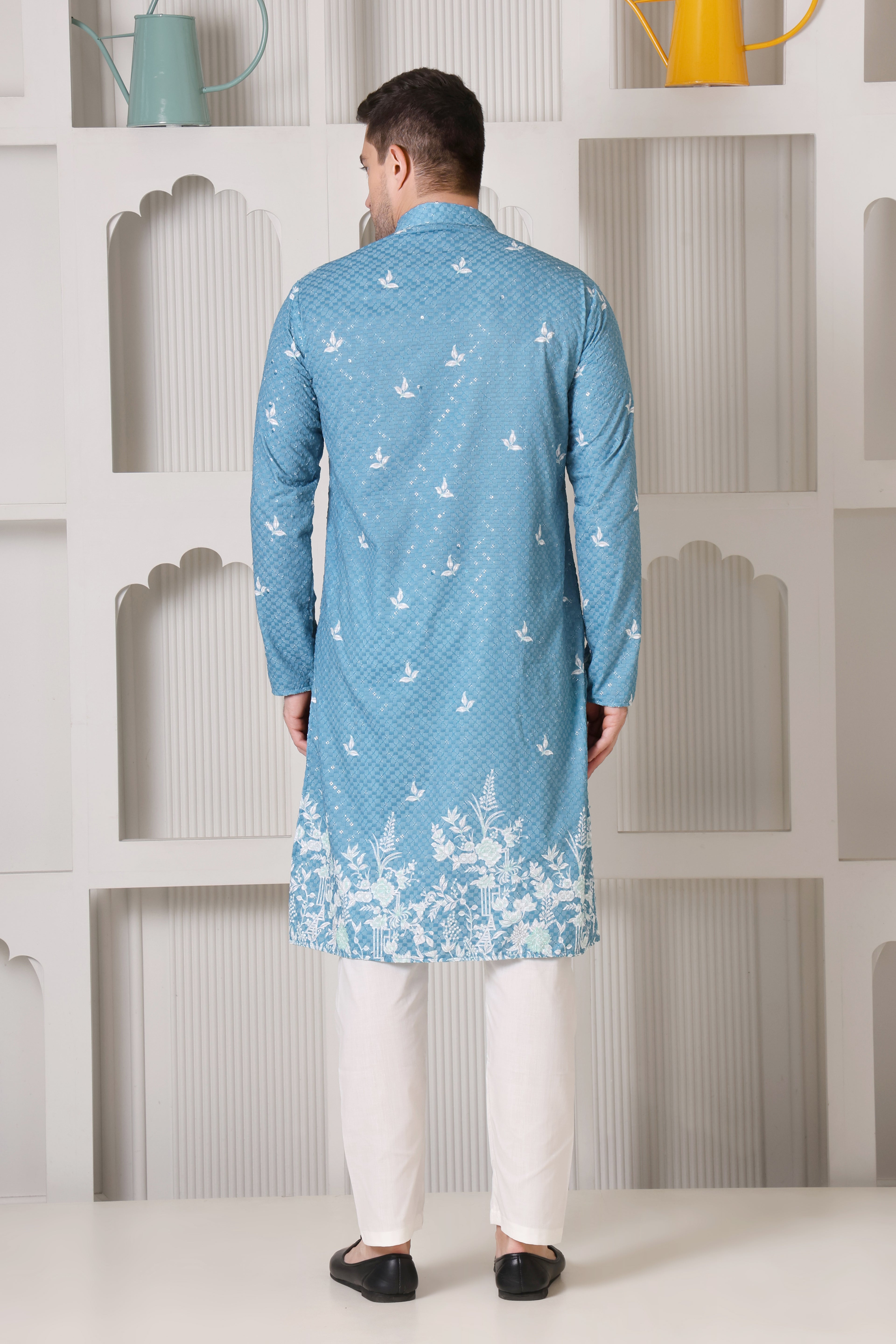 Blue Men’s Cotton Printed Kurta Set with Scenic Border Detail Design