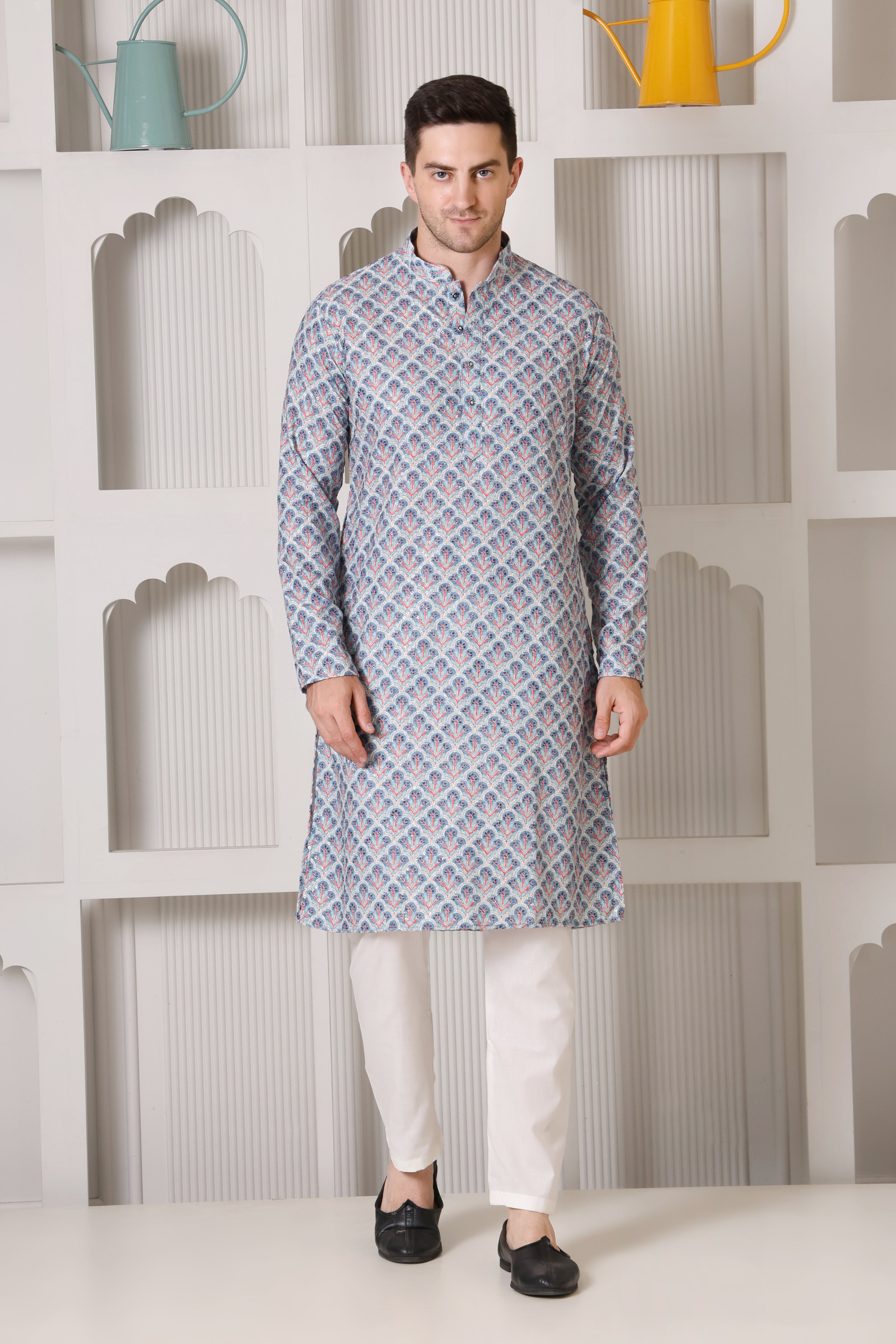 Regal Blue & Red Printed Cotton Kurta Set