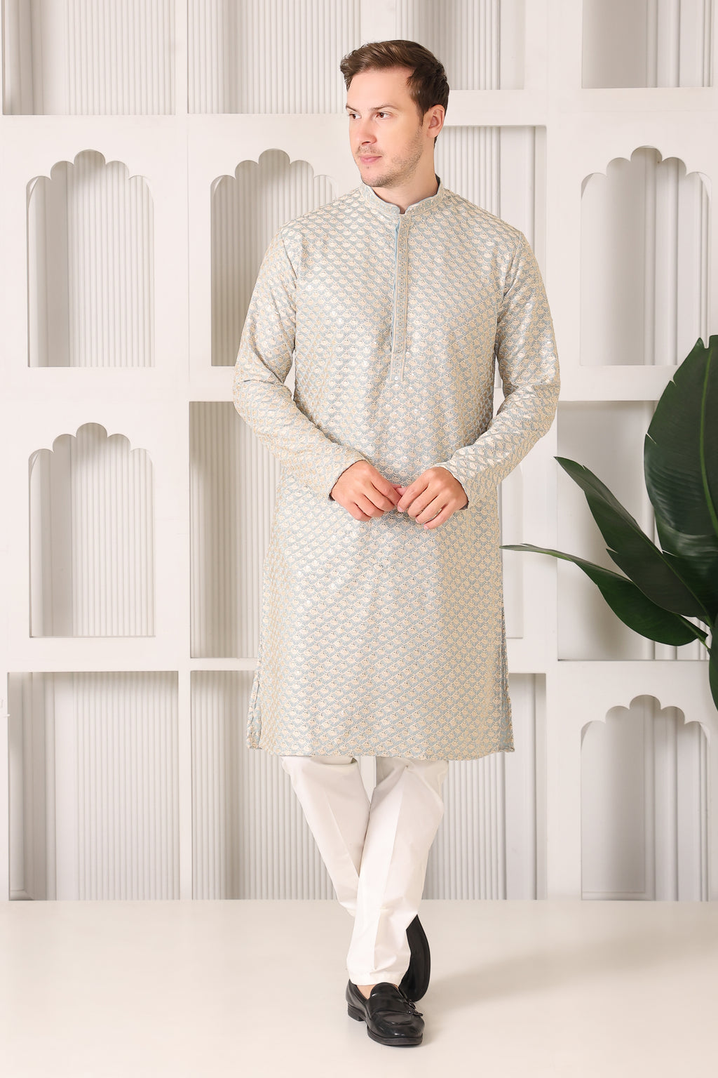 Men’s Blue Festive Kurta with Golden Resham Work