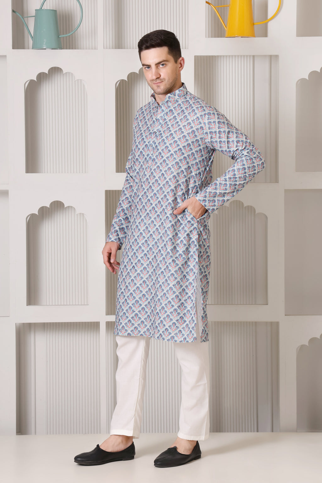 Regal Blue & Red Printed Cotton Kurta Set