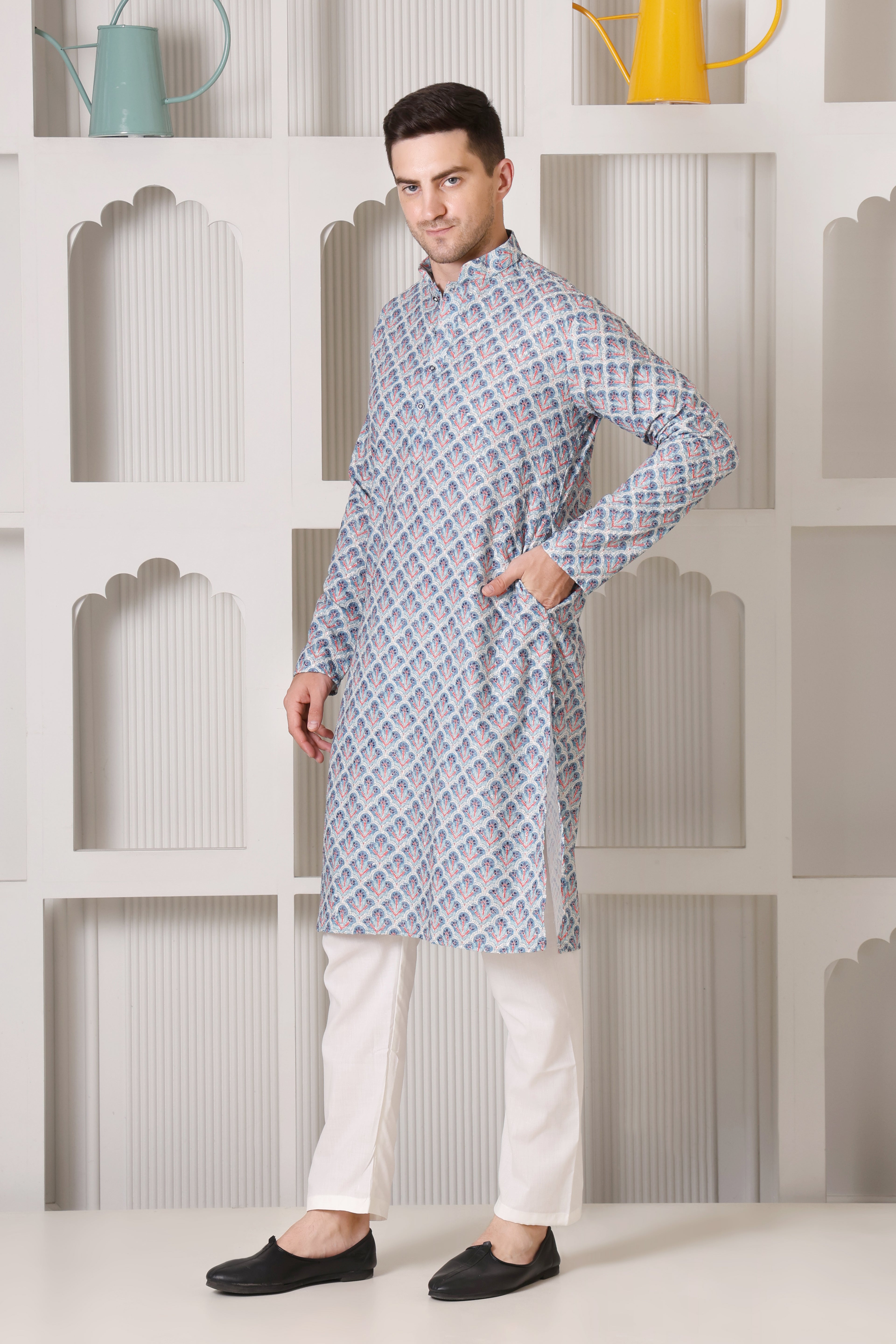 Regal Blue & Red Printed Cotton Kurta Set