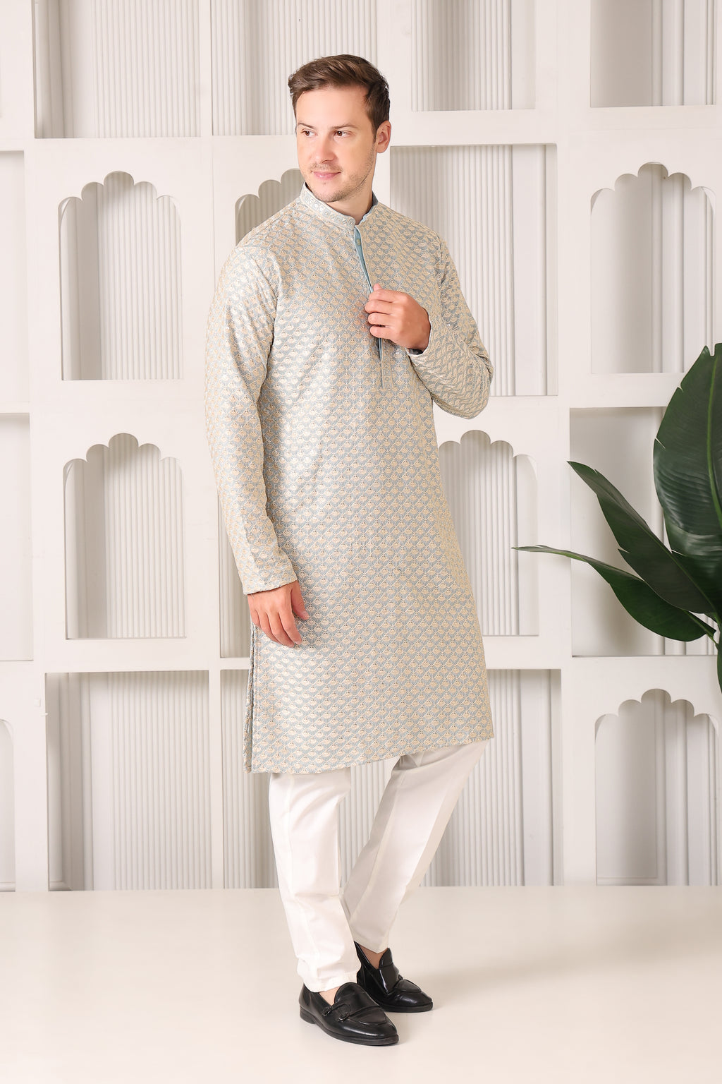 Men’s Blue Festive Kurta with Golden Resham Work