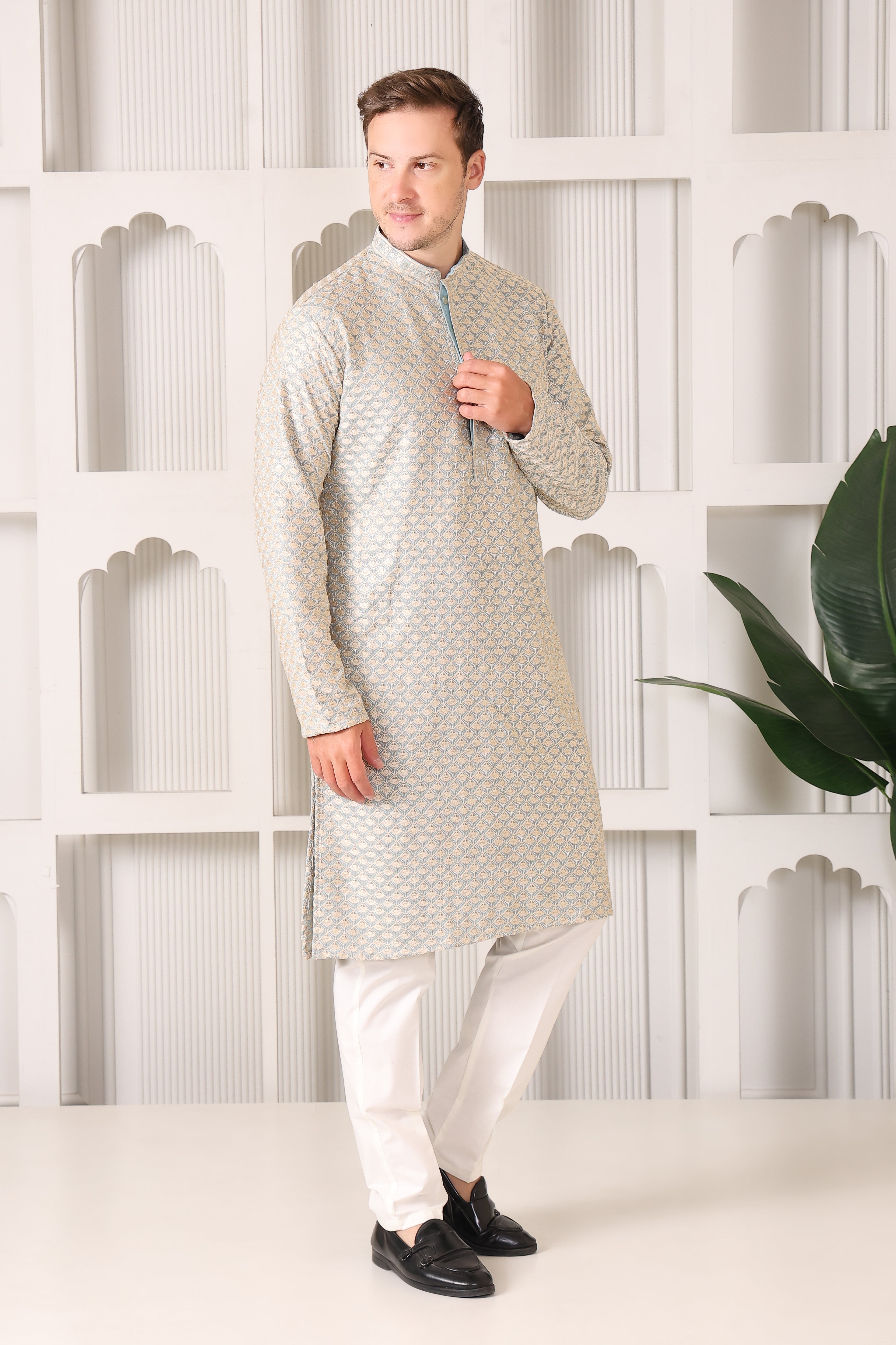 Men’s Blue Festive Kurta with Golden Resham Work