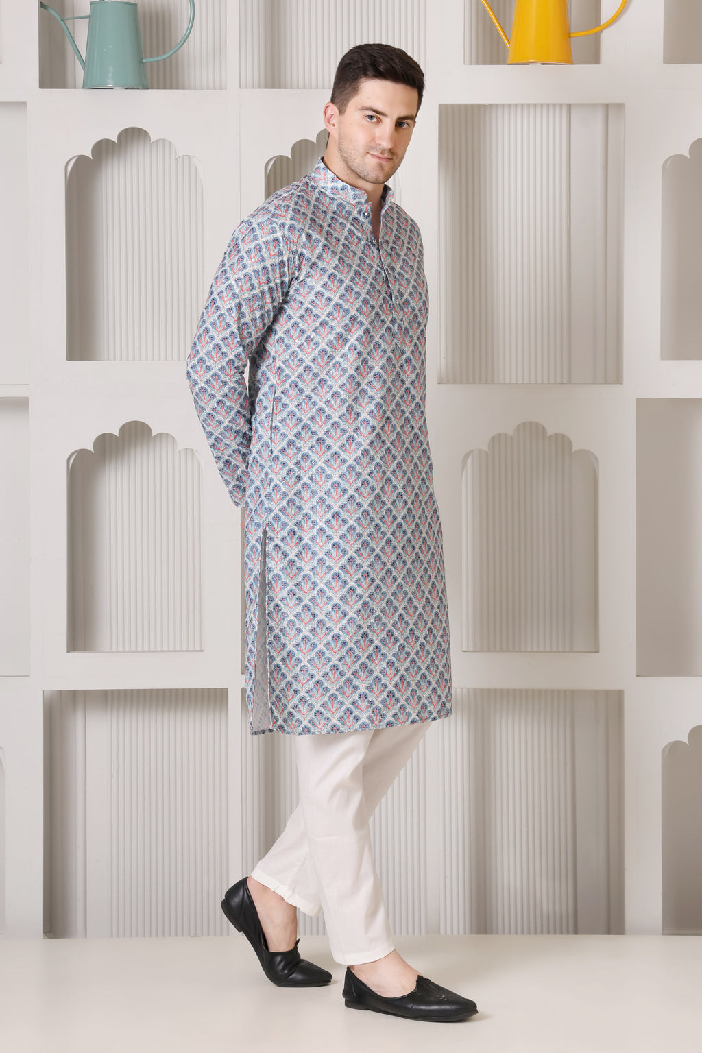 Regal Blue & Red Printed Cotton Kurta Set