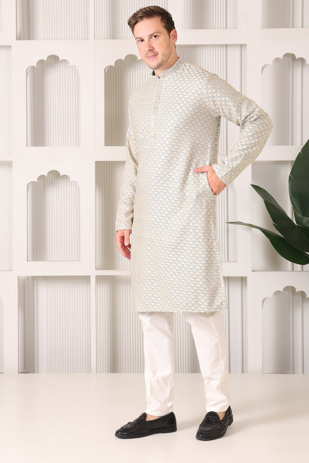 Men’s Blue Festive Kurta with Golden Resham Work