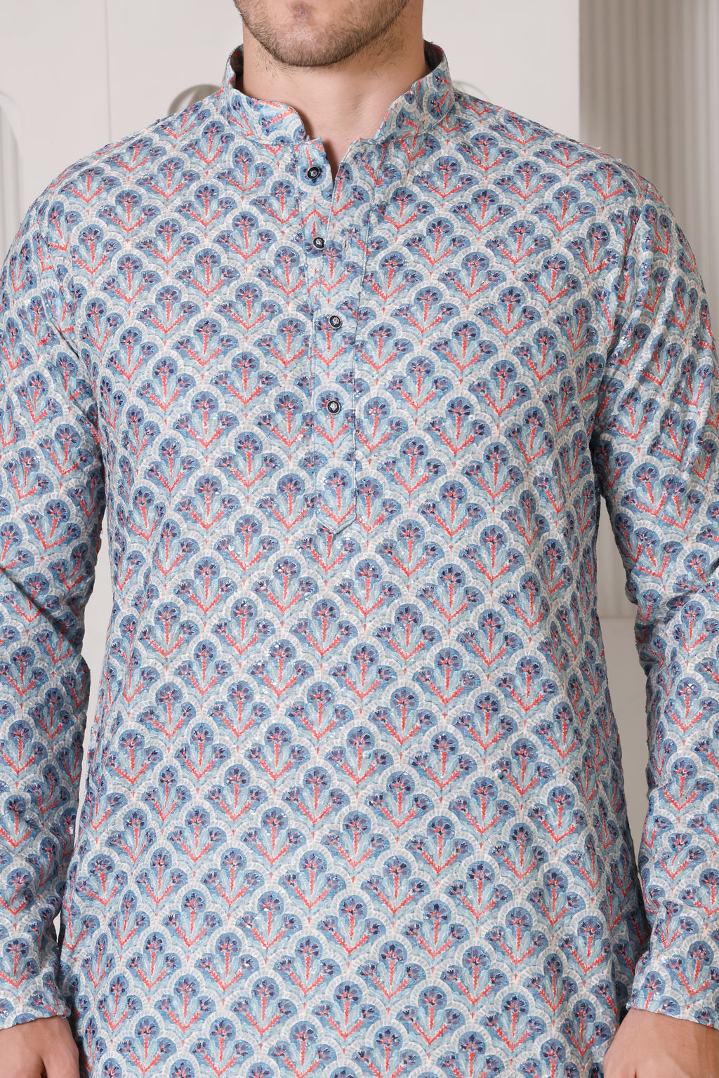 Regal Blue & Red Printed Cotton Kurta Set