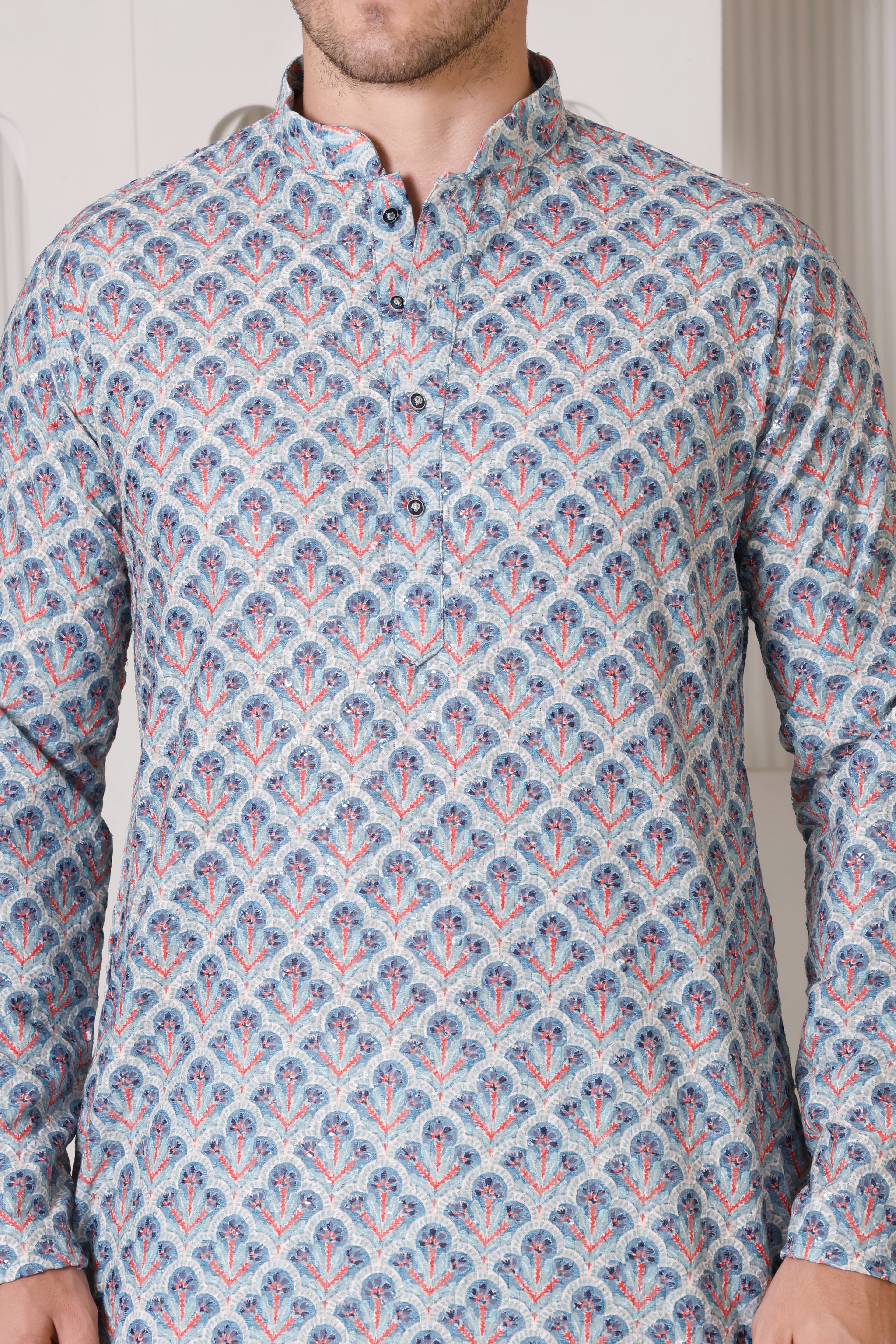 Regal Blue & Red Printed Cotton Kurta Set