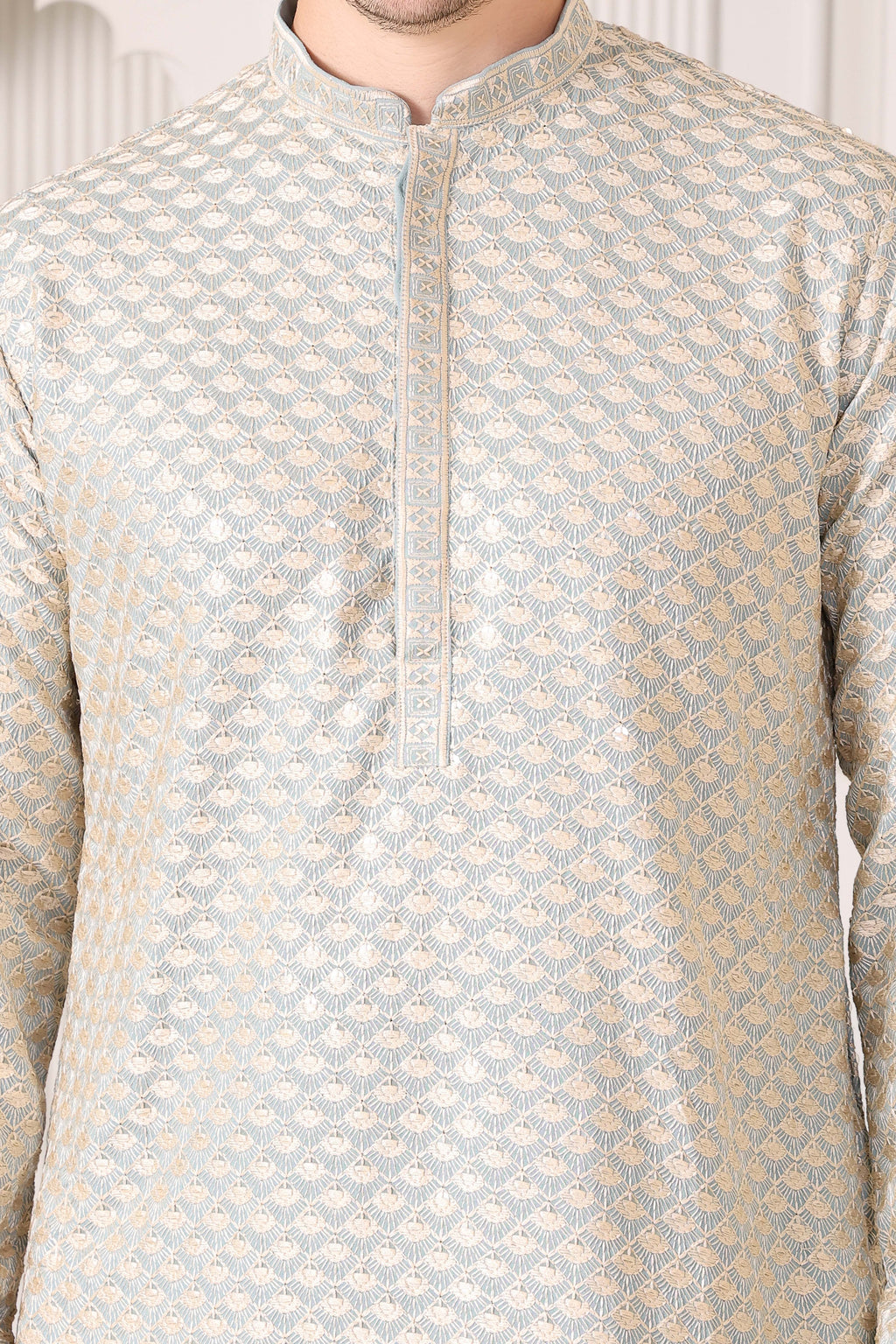 Men’s Blue Festive Kurta with Golden Resham Work