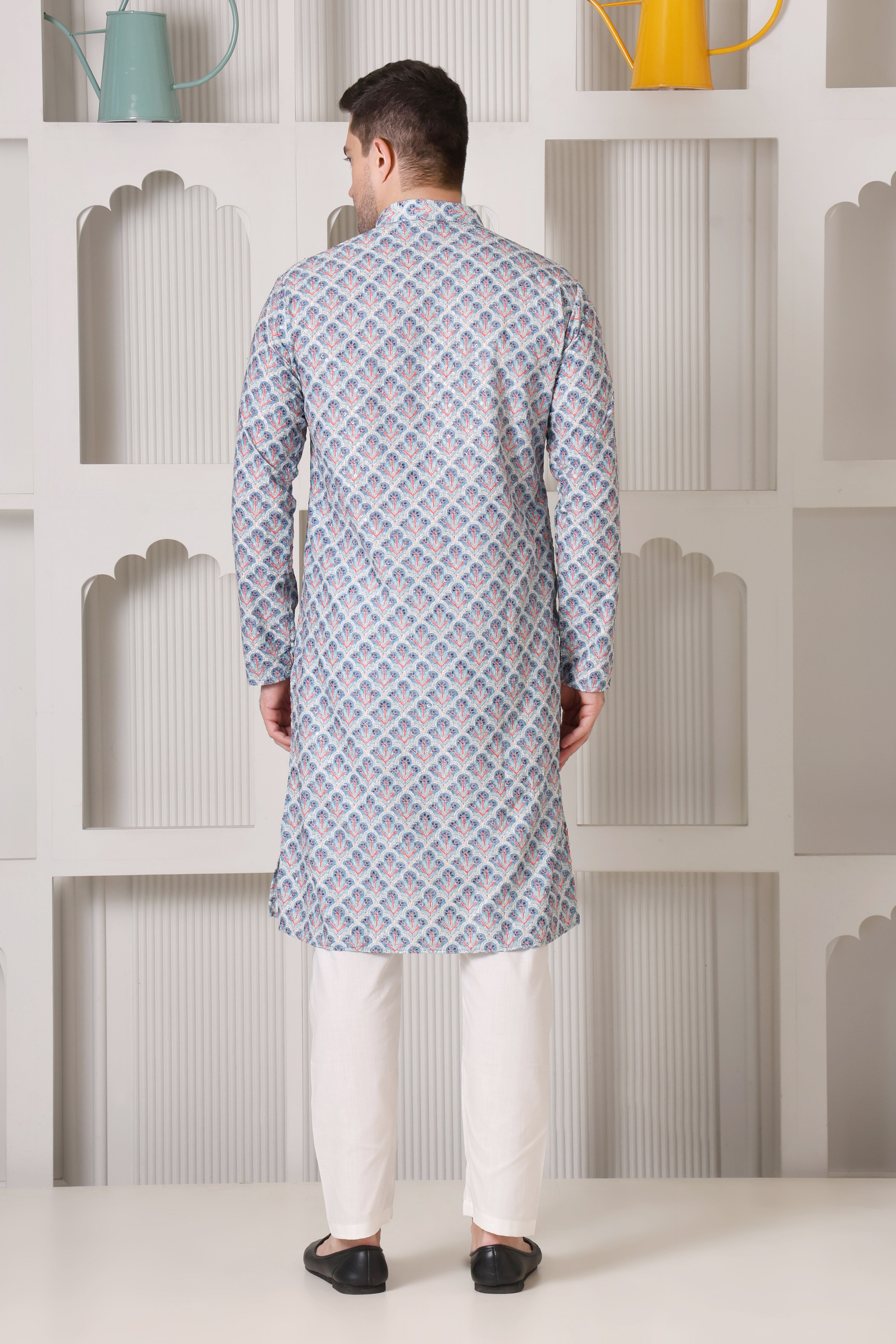 Regal Blue & Red Printed Cotton Kurta Set