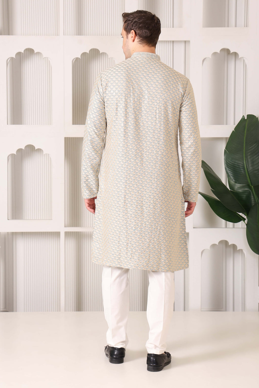 Men’s Blue Festive Kurta with Golden Resham Work