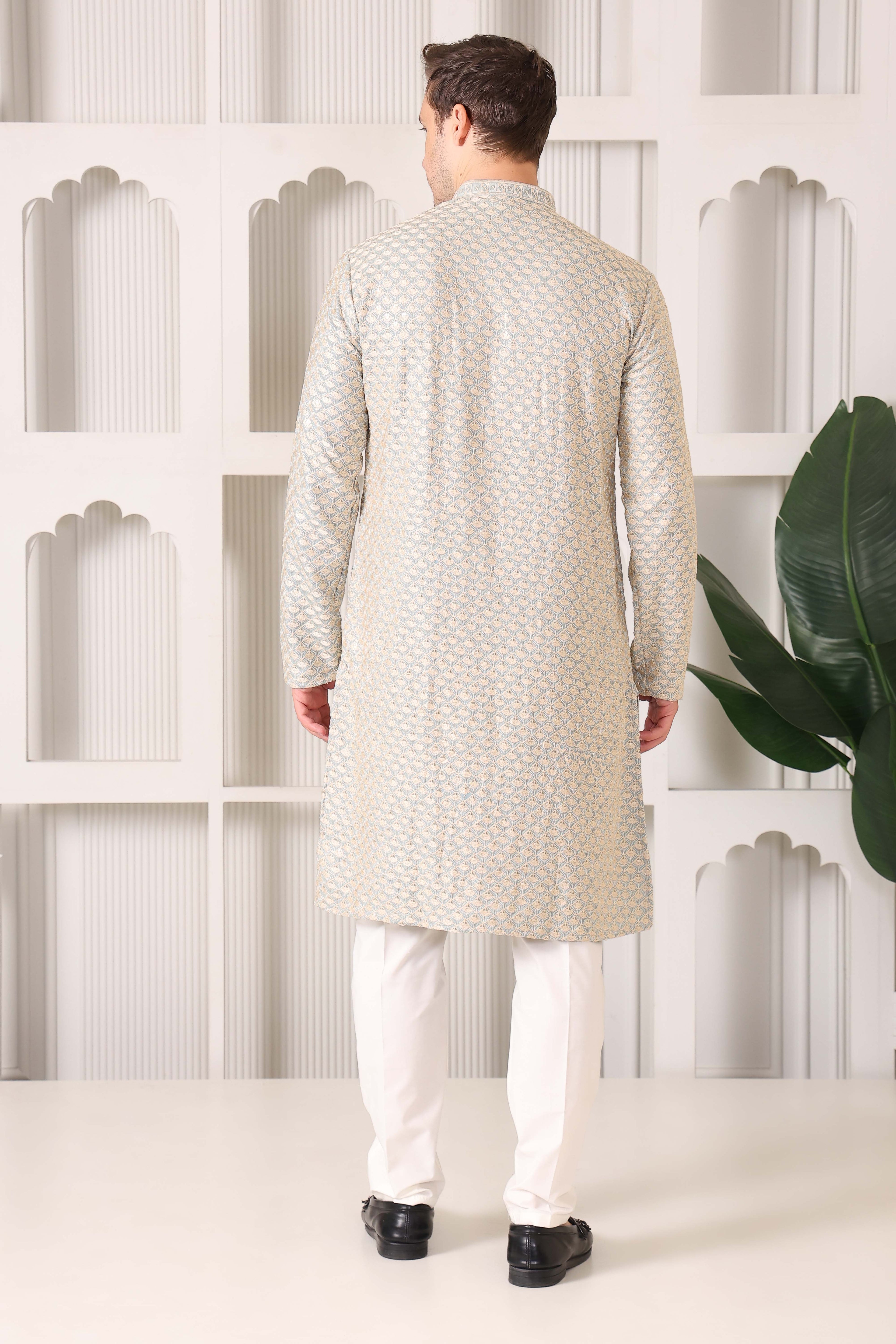 Men’s Blue Festive Kurta with Golden Resham Work