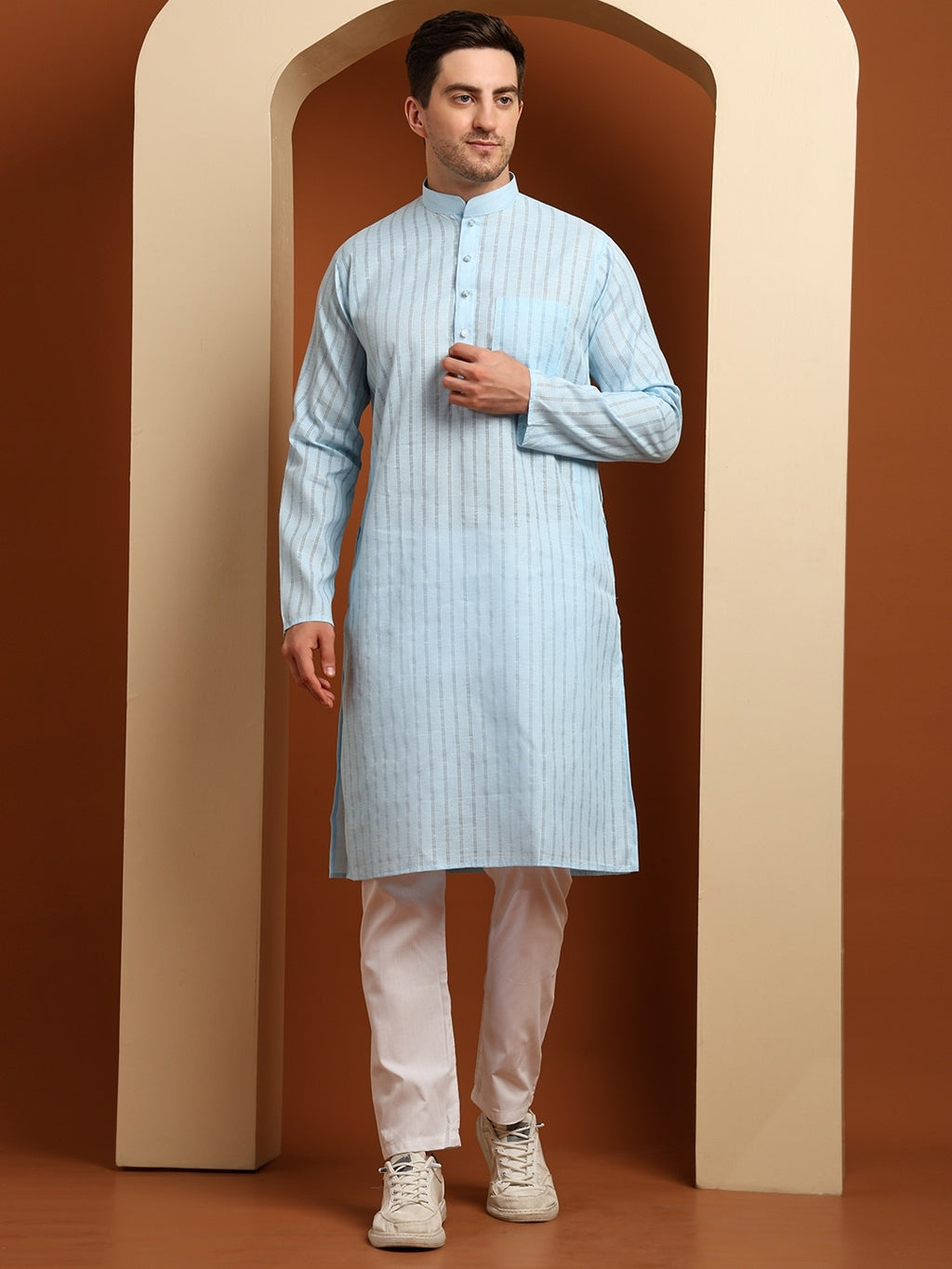 Blue Striped Cotton Kurta with White Pajama – Classic Ethnic Wear Set