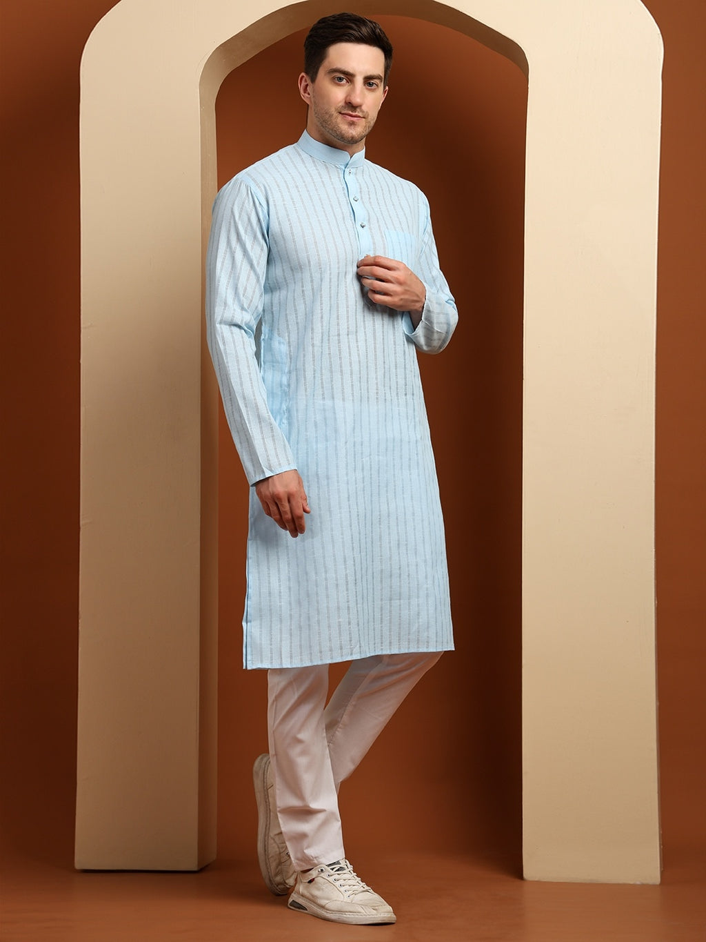 Blue Striped Cotton Kurta with White Pajama – Classic Ethnic Wear Set