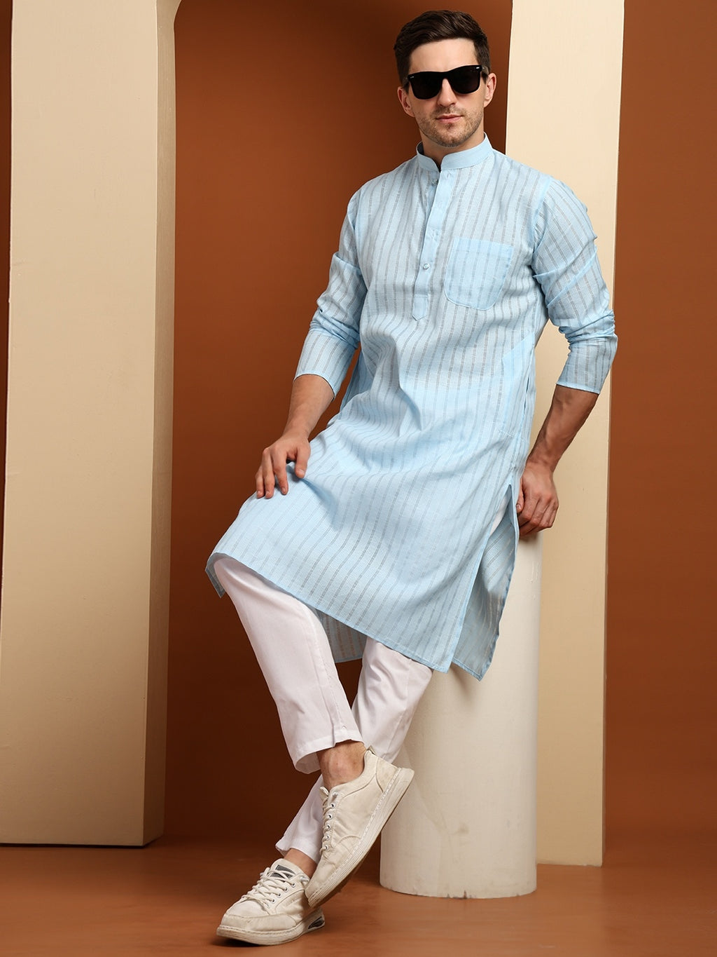 Blue Striped Cotton Kurta with White Pajama – Classic Ethnic Wear Set