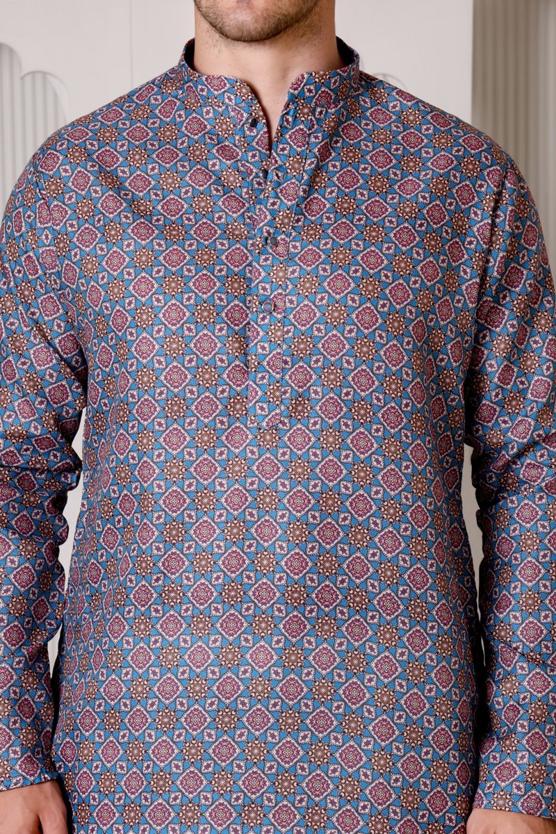 Blue & Maroon Geometric Printed Cotton Kurta Set with White Pajama